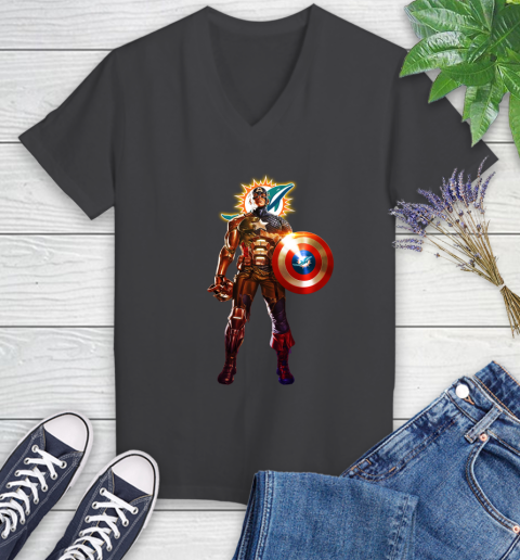 NFL Captain America Marvel Avengers Endgame Football Sports Miami Dolphins Women's V-Neck T-Shirt 8