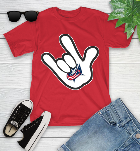 Columbus Blue Jackets NHL Hockey Mickey Rock Hand Disney Youth T-Shirt 10