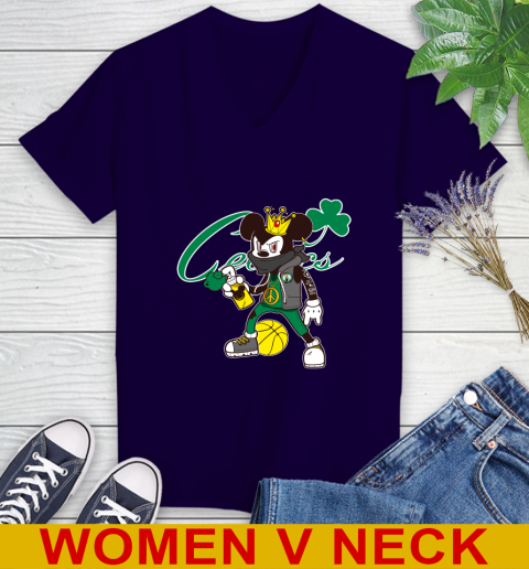 Boston Celtics NBA Basketball Mickey Peace Sign Sports Women's V-Neck T-Shirt 4