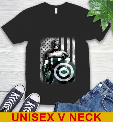 New York Jets NFL Football Captain America Marvel Avengers American Flag Shirt V-Neck T-Shirt
