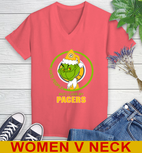 Indiana Pacers NBA Christmas Grinch I Hate People But I Love My Favorite Basketball Team Women's V-Neck T-Shirt 7