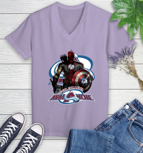 NHL Captain America Thor Spider Man Hawkeye Avengers Endgame Hockey Colorado Avalanche Women's V-Neck T-Shirt 14