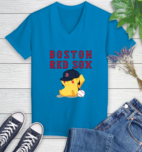 MLB Pikachu Baseball Sports Boston Red Sox Women's V-Neck T-Shirt 7