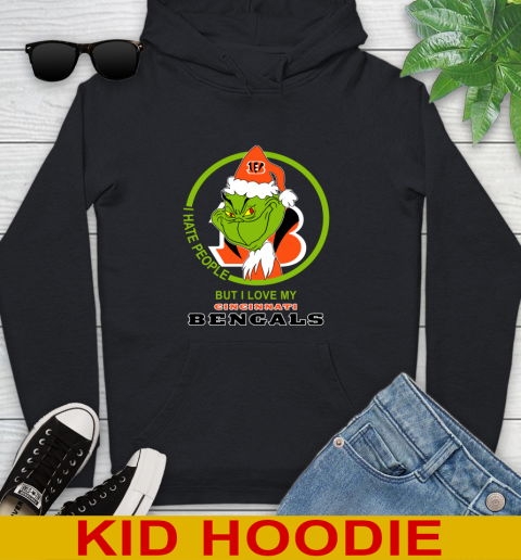 Cincinnati Bengals NFL Christmas Grinch I Hate People But I Love My Favorite Football Team Youth Hoodie 2