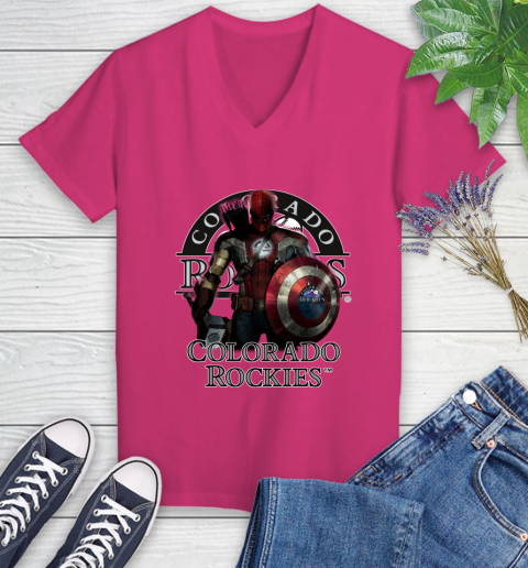 MLB Captain America Thor Spider Man Hawkeye Avengers Endgame Baseball Colorado Rockies Women's V-Neck T-Shirt 9