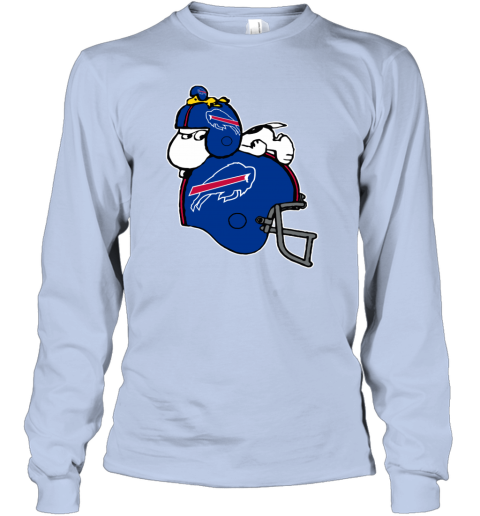 izdv snoopy and woodstock resting on buffalo bills helmet youth long sleeve 50 front light blue