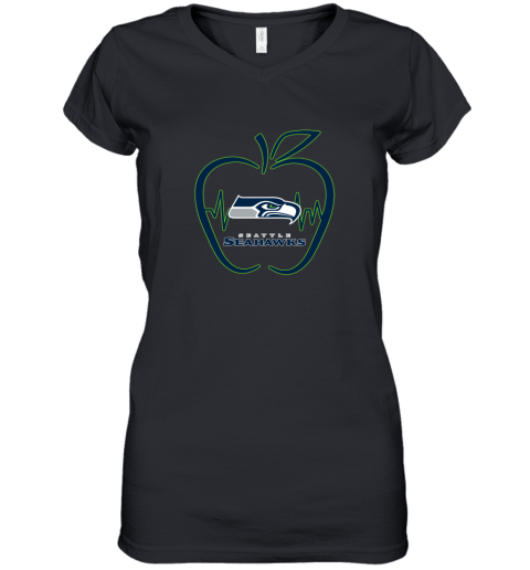 Apple Heartbeat Teacher Symbol Seattle Seahawks Women's V-Neck T-Shirt