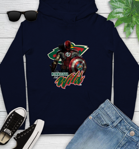 NHL Captain America Thor Spider Man Hawkeye Avengers Endgame Hockey Minnesota Wild Youth Hoodie 4