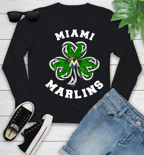MLB Miami Marlins Three Leaf Clover St Patrick's Day Baseball Sports Youth Long Sleeve