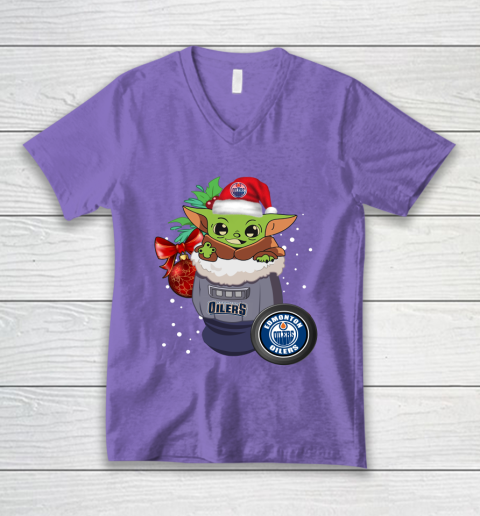 Edmonton Oilers Christmas Baby Yoda Star Wars Funny Happy NHL V-Neck T-Shirt 9