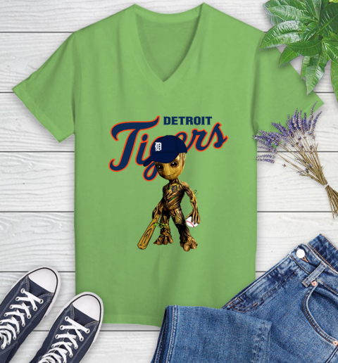 MLB Detroit Tigers Groot Guardians Of The Galaxy Baseball Women's V-Neck T-Shirt 11