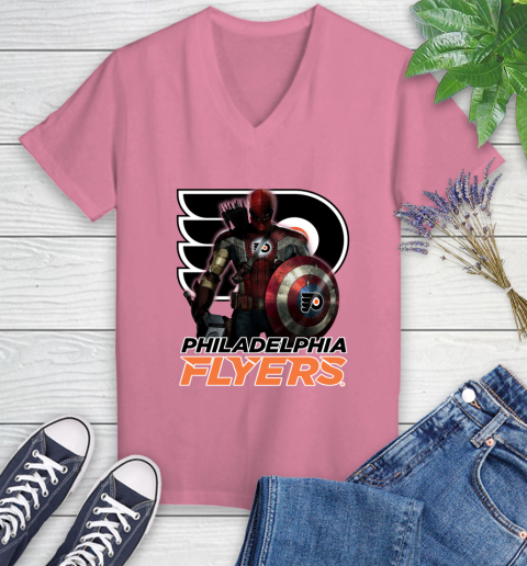 NHL Captain America Thor Spider Man Hawkeye Avengers Endgame Hockey Philadelphia Flyers Women's V-Neck T-Shirt 13