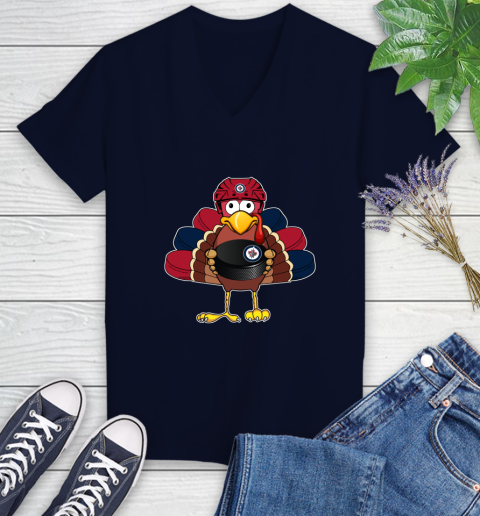 Winnipeg Jets Turkey Thanksgiving Day Women's V-Neck T-Shirt 3