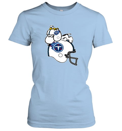 Snoopy And Woodstock Resting On Tennessee Titans Helmet spz6 snoopy and woodstock resting on tennessee titans helmet ladies t shirt 20 front light blue