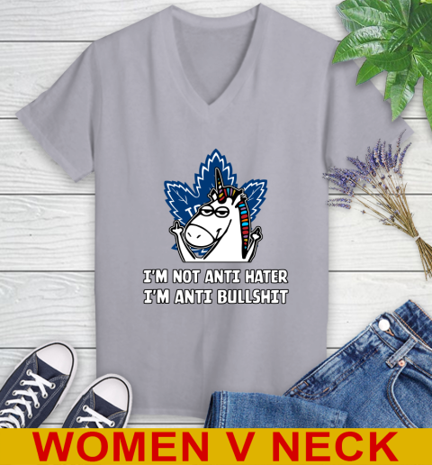 Toronto Maple Leafs NHL Hockey Unicorn I'm Not Anti Hater I'm Anti Bullshit Women's V-Neck T-Shirt 5