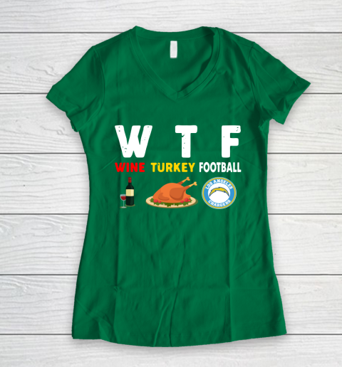Los Angeles Chargers Giving Day WTF Wine Turkey Football NFL Women's V-Neck T-Shirt 3