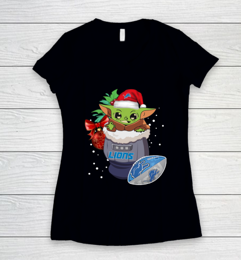 Detroit Lions Christmas Baby Yoda Star Wars Funny Happy NFL Women's V-Neck T-Shirt