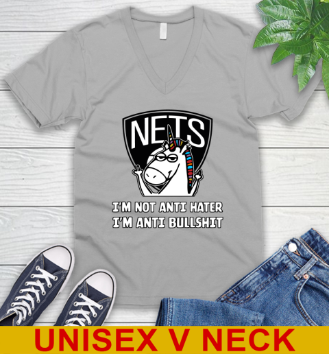Brooklyn Nets NBA Basketball Unicorn I'm Not Anti Hater I'm Anti Bullshit V-Neck T-Shirt 4