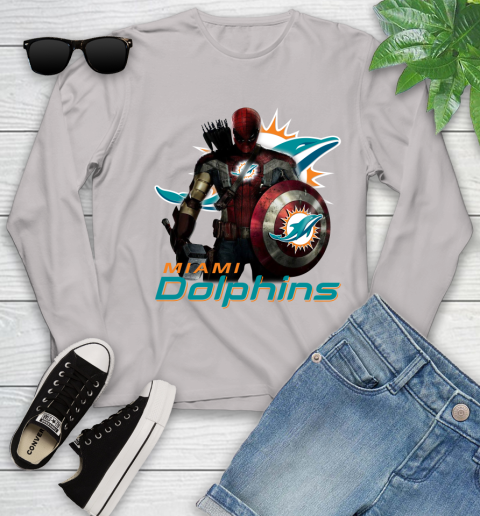 NFL Captain America Thor Spider Man Hawkeye Avengers Endgame Football Miami Dolphins Youth Long Sleeve 12