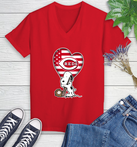 Cincinnati Reds MLB Baseball The Peanuts Movie Adorable Snoopy Women's V-Neck T-Shirt 12