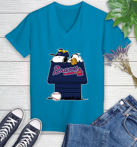 MLB Atlanta Braves Snoopy Woodstock The Peanuts Movie Baseball T Shirt Women's V-Neck T-Shirt 7