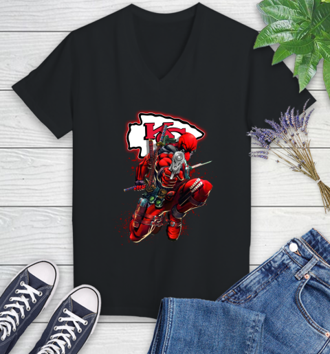 NFL Deadpool Marvel Comics Sports Football Kansas City Chiefs Women's V-Neck T-Shirt 2