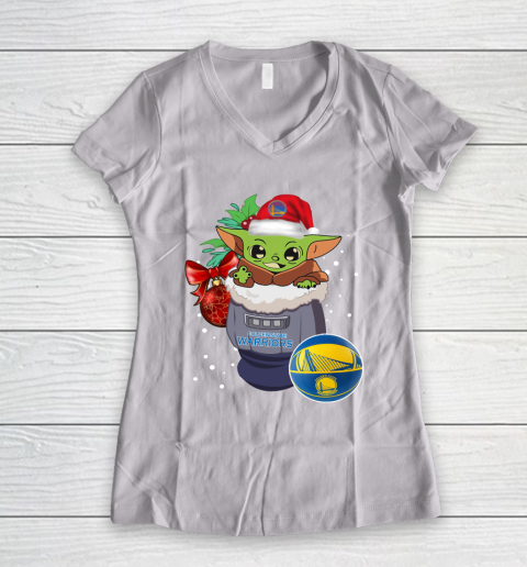 Golden State Warriors Christmas Baby Yoda Star Wars Funny Happy NBA Women's V-Neck T-Shirt 2