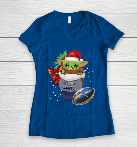 Los Angeles Chargers Christmas Baby Yoda Star Wars Funny Happy NFL Women's V-Neck T-Shirt 9