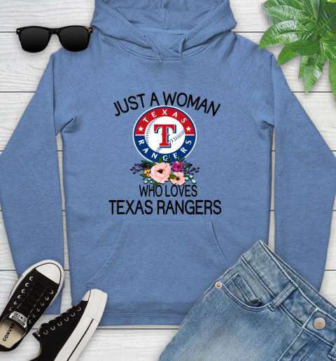 MLB Just A Woman Who Loves Texas Rangers Baseball Sports Youth Hoodie 8