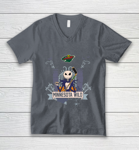 NHL Minnesota Wild Hockey Jack Skellington Halloween V-Neck T-Shirt 4