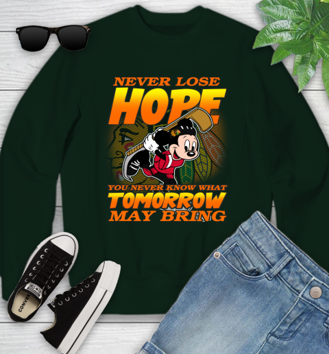 Chicago Blackhawks NHL Hockey ootball Mickey Disney Never Lose Hope Youth Sweatshirt 9
