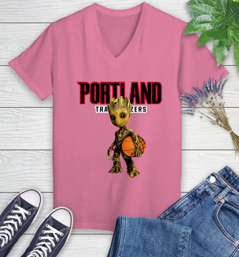 Portland Trail Blazers NBA Basketball Groot Marvel Guardians Of The Galaxy Women's V-Neck T-Shirt 13