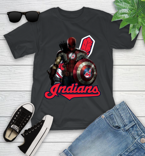 MLB Captain America Thor Spider Man Hawkeye Avengers Endgame Baseball Cleveland Indians Youth T-Shirt 2