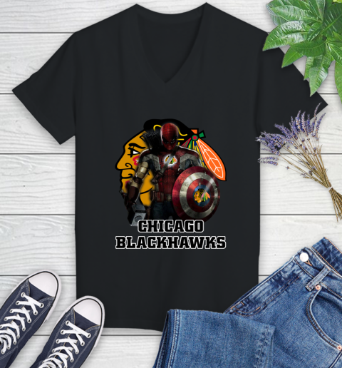 NHL Captain America Thor Spider Man Hawkeye Avengers Endgame Hockey Chicago Blackhawks Women's V-Neck T-Shirt 2