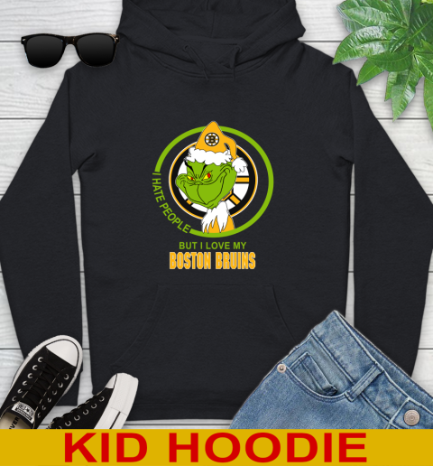 Boston Bruins NHL Christmas Grinch I Hate People But I Love My Favorite Hockey Team Youth Hoodie 2