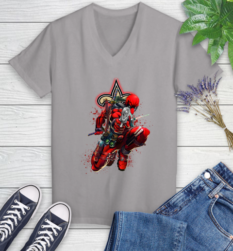 NFL Deadpool Marvel Comics Sports Football New Orleans Saints Women's V-Neck T-Shirt 4