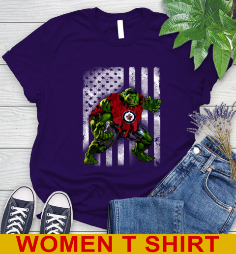 Winnipeg Jets Hulk Marvel Avengers NHL Hockey American Flag Women's T-Shirt 4