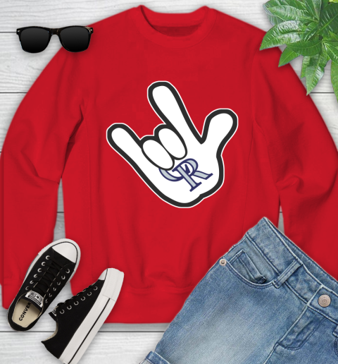 Colorado Rockies MLB Baseball Mickey Rock Hand Disney Youth Sweatshirt 9