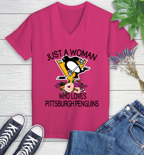 NHL Just A Woman Who Loves Pittsburgh Penguins Hockey Sports Women's V-Neck T-Shirt 5