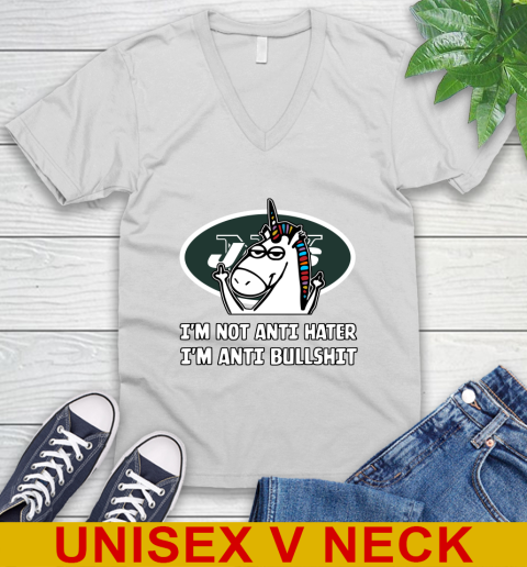 New York Jets NFL Football Unicorn I'm Not Anti Hater I'm Anti Bullshit V-Neck T-Shirt