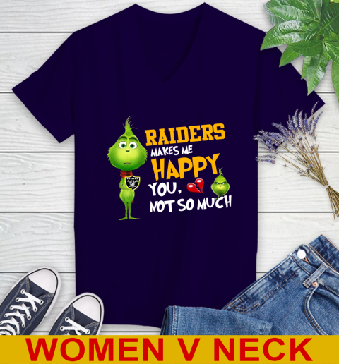 NFL Oakland Raiders Makes Me Happy You Not So Much Grinch Football Sports Women's V-Neck T-Shirt 3