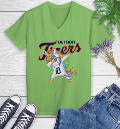 Detroit Tigers MLB Baseball Funny Unicorn Dabbing Sports Women's V-Neck T-Shirt 11