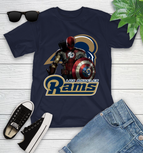 NFL Captain America Thor Spider Man Hawkeye Avengers Endgame Football Los Angeles Rams Youth T-Shirt 3