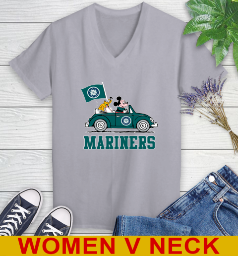 MLB Baseball Seattle Mariners Pluto Mickey Driving Disney Shirt Women's V-Neck T-Shirt 5