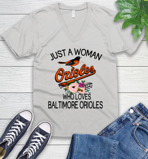 MLB Just A Woman Who Loves Baltimore Orioles Baseball Sports V-Neck T-Shirt