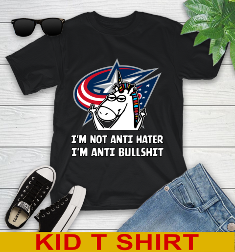 Columbus Blue Jackets NHL Hockey Unicorn I'm Not Anti Hater I'm Anti Bullshit Youth T-Shirt 2