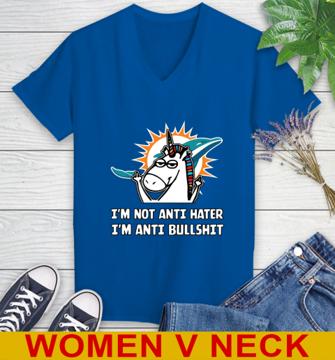 Miami Dolphins NFL Football Unicorn I'm Not Anti Hater I'm Anti Bullshit Women's V-Neck T-Shirt 11