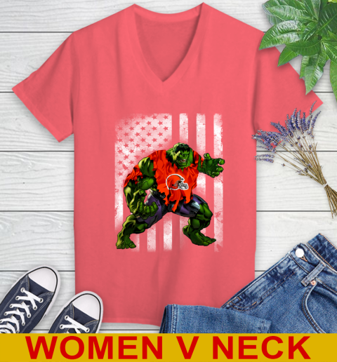 Cleveland Browns Hulk Marvel Avengers NFL Football American Flag Women's V-Neck T-Shirt 6