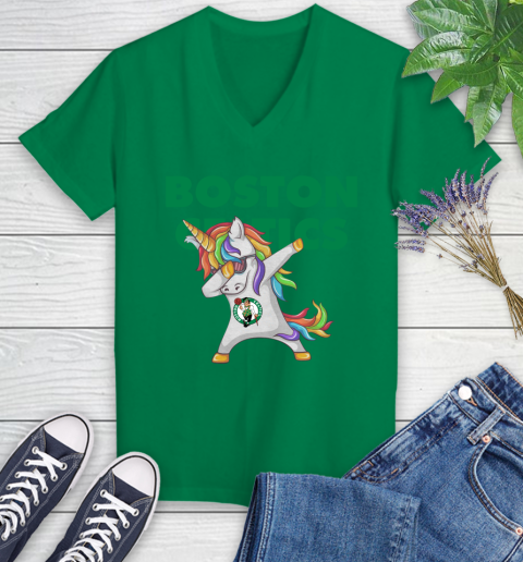 Boston Celtics NBA Basketball Funny Unicorn Dabbing Sports Women's V-Neck T-Shirt 5