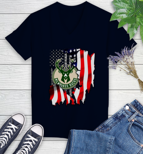 Milwaukee Bucks NBA Basketball American Flag Women's V-Neck T-Shirt 2